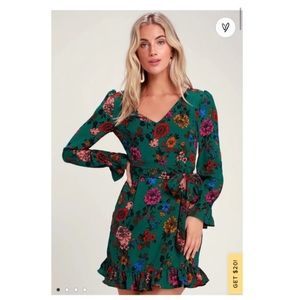 Petal Down Dark Green Floral Print Long Sleeve Dress
